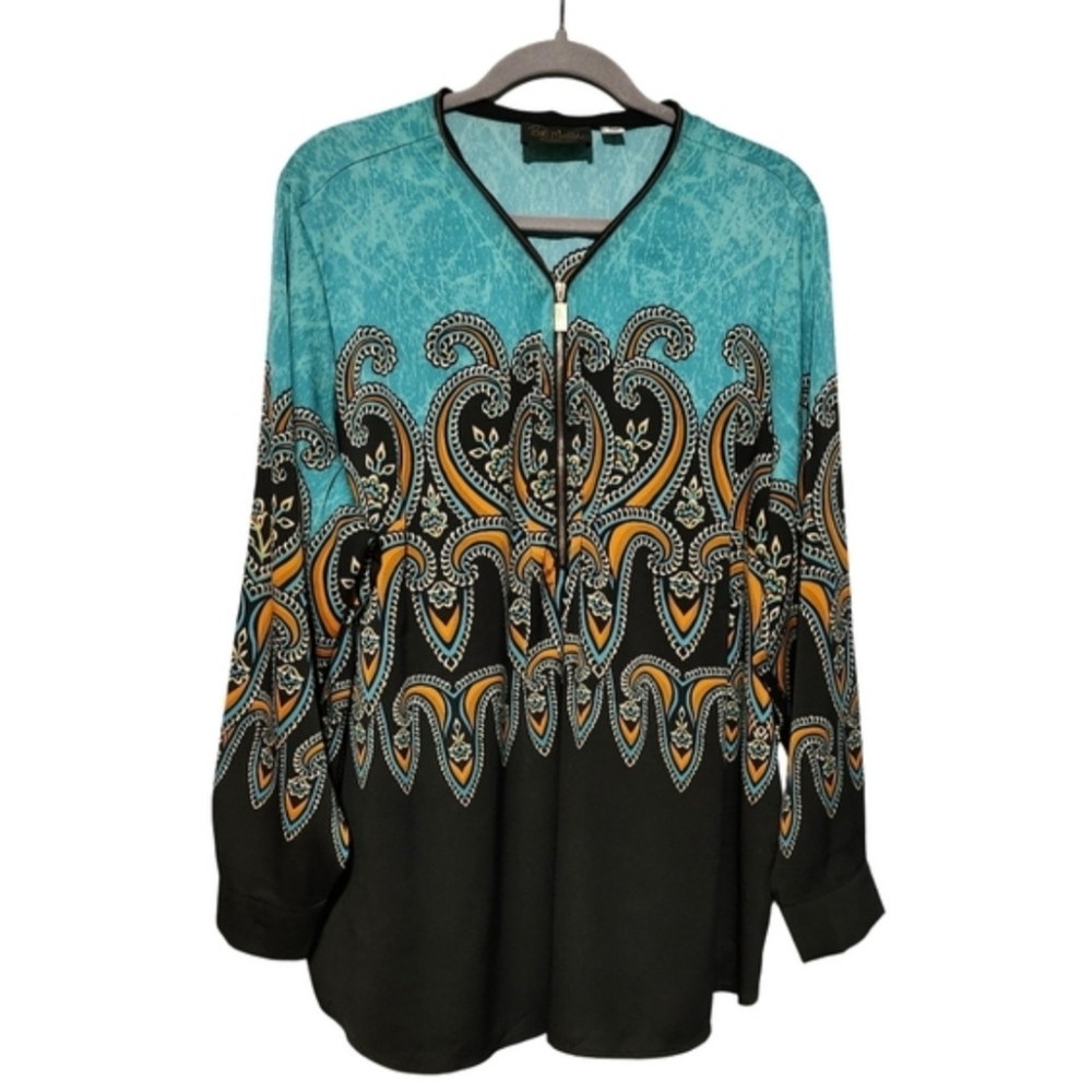 BOB MACKIE Womens Zip Tunic Top Plus Size 2X Turquoise Black Artwear - Picture 2 of 13